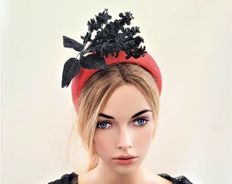 Red Fascinator Headband, with Black Velvet Flower Vine, Halo Shape, 6.5 cms Wide, Straw headpiece,