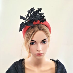 Red Fascinator Headband, with Black Velvet Flower Vine, Halo Shape, 6.5 cms Wide, Straw headpiece,