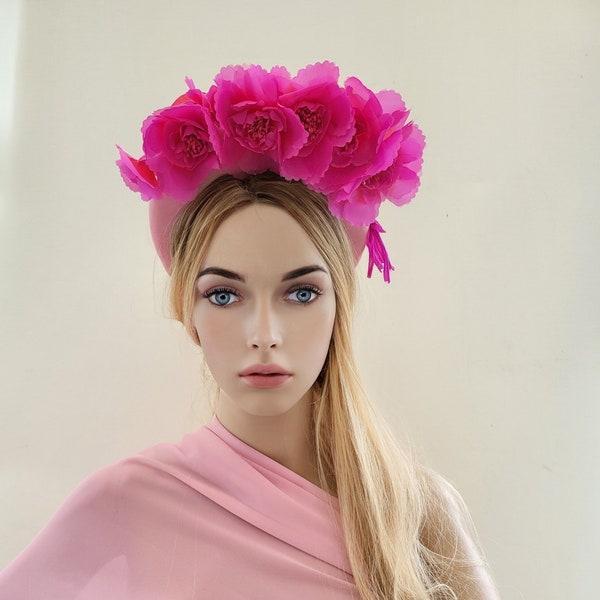 Magenta Fuchsia Cerise Pink Flower Head Piece Fascinator, Velvet Tall bandeau rembourré,