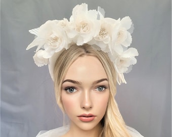 Ivory Fascinator Headband, Headpiece, Wedding Halo Crown, with Chiffon Flowers