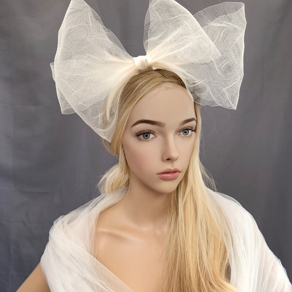 Large Ivory Bow Head Piece, Fascinator, Hatinator, on SILK Satin headband 32 cms Wide,