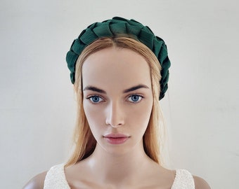Dark Green Plaited Ribbon Headband, Fascinator, 5 cms wide