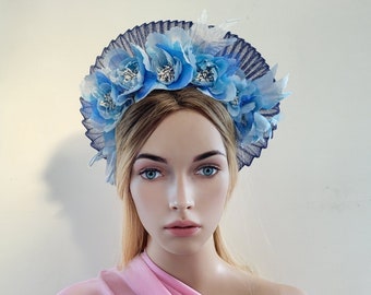 Blue Fascinator Headband, Silk Flower Vine, Halo Crown Headpiece,