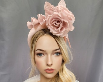 Pink Flower Headpiece Fascinator, on a blush velvet padded headband, with silk roses  Wedding, Races,