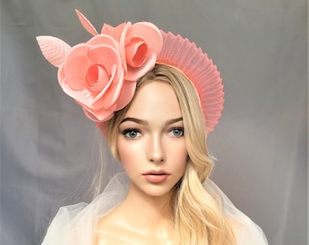 Coral Orange Fascinator Headband, Peachy Pink Silk Rose Flower, Halo Crown Headpiece,