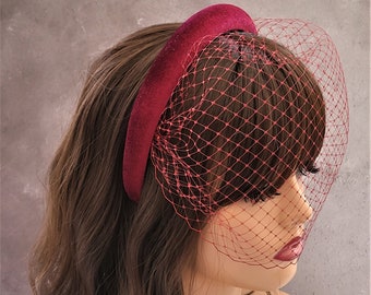 Burgundy Wine Red Velvet Fascinator Headband Padded, with Blusher Veil, Races Headpiece, 2.5 cms wide,