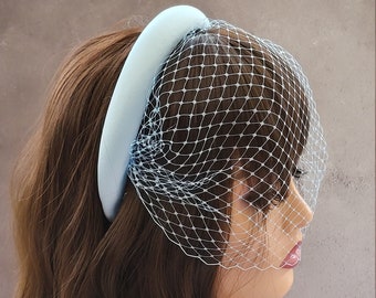 Powder Blue Silk Satin Headband Padded, with Blusher Veil, Bridal Headpiece, 2.5 cms wide,