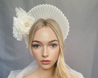 Ivory Fascinator Headband, Silk Rose Flower, Halo Crown Headpiece