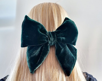 Large Green Silk Velvet Bow, Luxury Hair Clip, Barrette