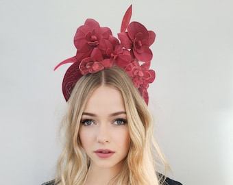 Red Orchid Fascinator, Flower Headpiece, Halo Headband, Tall Padded Hair band, leather orchids,