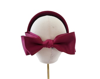 Burgundy Wine Red Satin Back Bow Headband Fascinator, on a padded velvet headband, optional tails