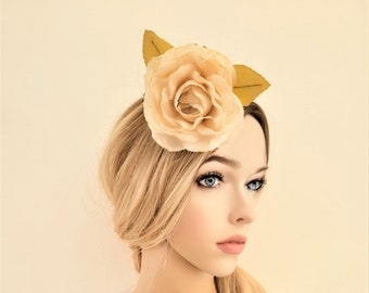 Beige Flower Fascinator with Veiling Hair Clip Brooch Pin Vintage Look For Races Weddings,