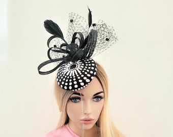 Black and White Pillbox Hat Fascinator, with Spotty Veiling and Bow, Percher, Wedding hat,