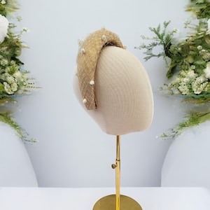 Gold Fascinator Headband, with Ivory Dotty Veiling, Halo Shape, 6.5 cms Wide