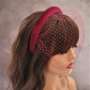 Burgundy Wine Red Velvet Fascinator Headband Padded, with Blusher Veil, Races Headpiece, 2.5 cms wide,