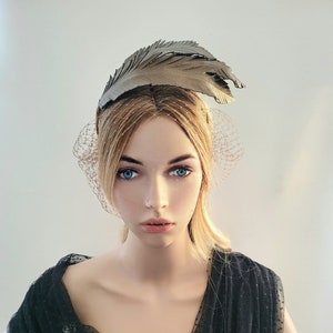 Bronze Brown Feather Design Fascinator, Leather Headpiece,Blusher Veil, Headband,