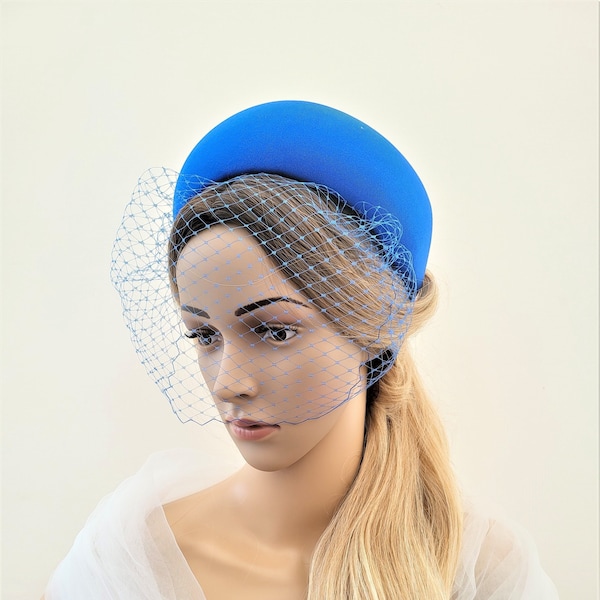 Royal Blue Fascinator Padded Headband, with Blusher Veil, Extra Wide 7 cms, Padded Design,
