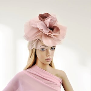 Dark Blush Flower Pillbox Hat Fascinator, with Large Pink  Organza Silk Flower, Straw Percher, Races