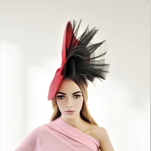 Black Ruffle Red Fascinator, Percher Hat, Hatinator, wedding headpiece, Race Day