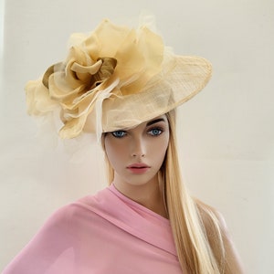 Gold Yellow Flower Fascinator, Percher Hat, Races , Hatinator, wedding headpiece,