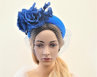 Royal Blue Flower Fascinator Padded Headband, with Blusher Veil, Extra Wide 7 cms, Padded Design, Halo Crown,