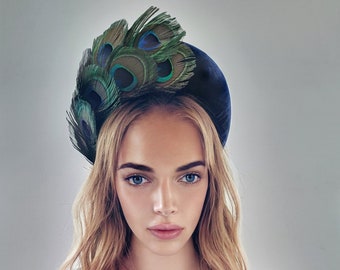 Navy Blue Halo Headband Fascinator, Peacock Feather Headpiece, 8 cms Wide Silk Velvet