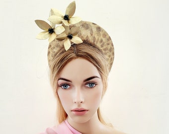 Leopard Animal Print Halo Fascinator Headband, with Gold Leather flowers, Beige Lightweight Races Headpiece