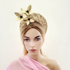 Leopard Animal Print Halo Fascinator Headband, with Gold Leather flowers, Beige Lightweight Races Headpiece image 1