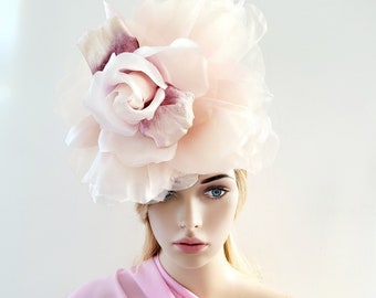 Blush Flower Pillbox Hat Fascinator, with Large Pink  Organza Silk Flower, Straw Percher, Races