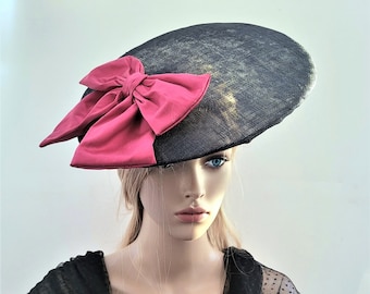 Navy Blue Fascinator, Pink Silk Bow Saucer Hat, Races , Hatinator, wedding headpiece,