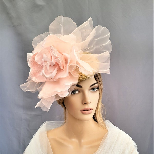 Gold Pillbox Hat Fascinator, with Large Peachy Pink Flower, Straw Percher hat, Races Headpiece