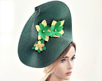 Dark Green Percher Hat, Gold Leather Flower Fascinator, Free form Saucer, Hatinator,