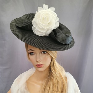 Black Percher Hat with bow, Ivory Silk Flower Fascinator, Saucer, Races , Hatinator, wedding headpiece,