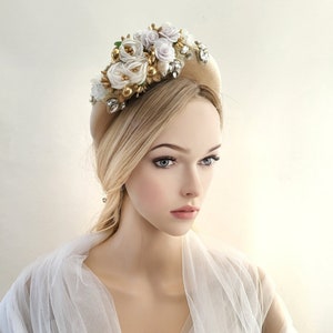 Beige Flower Fascinator, Diamante Tall Padded Headband, Races hatinator, Formal headpiece, flower crown