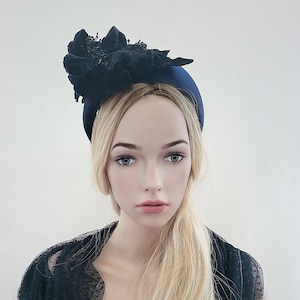 Blue Velvet Halo Crown Headband, lightweight Vintage Flower Fascinator, 8 cms Wide Wedding Headpiece, Races, optional veil