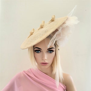 Blush Large Flower Fascinator, Percher Hat with Bows, Beige Saucer, Races , Hatinator, wedding headpiece,