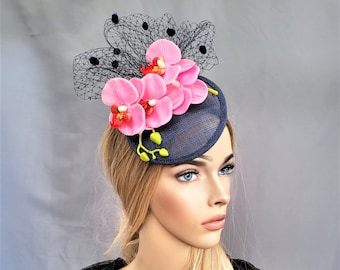 Navy Blue and  Pink Orchid flower Fascinator, Percher Hat, with dotty veiling detail Small size Races wedding headpiece,