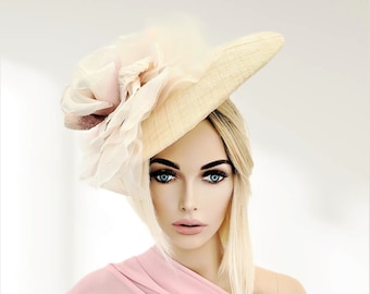 Blush Flower Fascinator, Percher Hat, Beige Saucer, Races , Hatinator, wedding headpiece,