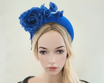 Royal Blau Blume Fascinator gepolstertes Stirnband, Optional mit Blusher Schleier, extra breit 7 cm, gepolstertes Design, Halo Krone,