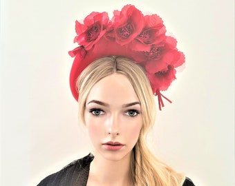 Red Satin Halo headband, Chiffon Flower Crown, Fascinator,