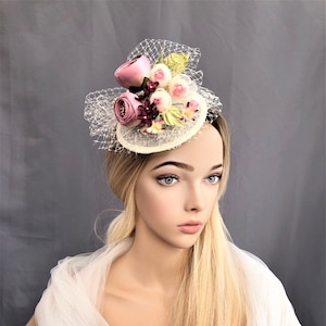Ivory flower Fascinator, Blush Pink Percher Hat, with veiling detail, Races wedding headpiece, READY TO WEAR