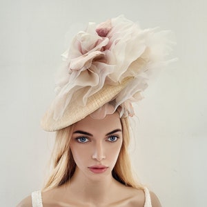 Large Blush Flower Fascinator, Percher Hat, Beige Saucer, Races , Hatinator, wedding headpiece,