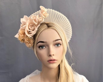 Beige Fascinator Headband, Silk Rose Flower, Halo Crown Headpiece,