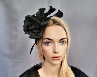 Black Rose Vine Fascinator, Percher Hat, Silk Flowers, Races , wedding headpiece,