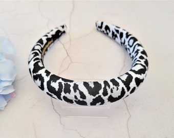 Leopard animal print deeply padded headband in black and white matador style dome Padding 2.5 cms wide