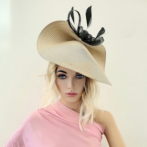 Beige Hatinator, Black Bow Fascinator, Feather Percher Hat, Saucer, Races , Races headpiece, Mother of the Bride,