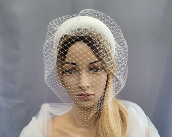 Bridal Ivory silk Padded headband, with Birdcage Chin Length Veil, Detachable Veil, Fascinator, duchess Satin Silk