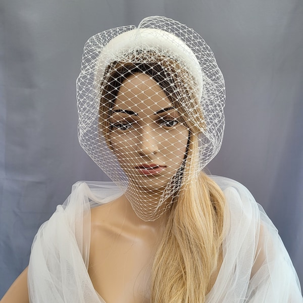 Bridal Ivory silk Padded headband, with Birdcage Chin Length Veil, Detachable Veil, Fascinator, duchess Satin Silk