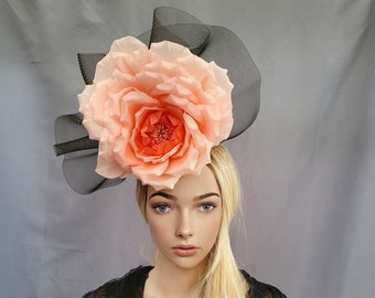 Coral Flower Fascinator, Ruffle black Hatinator, wedding headpiece,