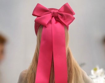 Bright Pink Satin Back Bow Headband Fascinator, on a Sinamay Halo Base, with Tails